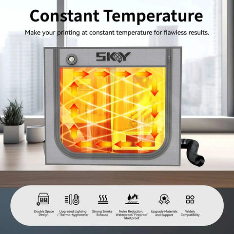 Double Space Resin 3D Enclosure With Ventilation Kit and LED Light, showing constant temperature feature with airflow illustration