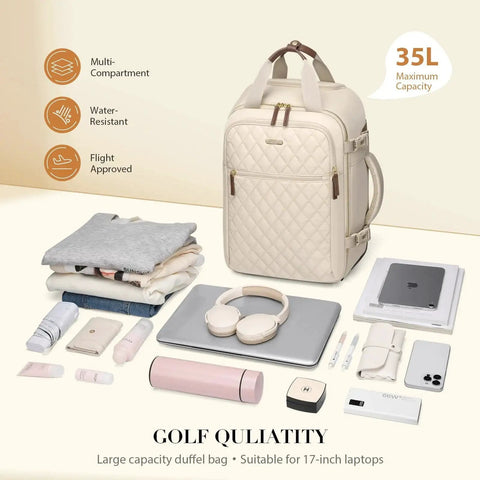 Rolling Laptop Backpack For Women With Wheels Apricot, 35L main compartment, fits 17 inch laptops, side view with accessories displayed