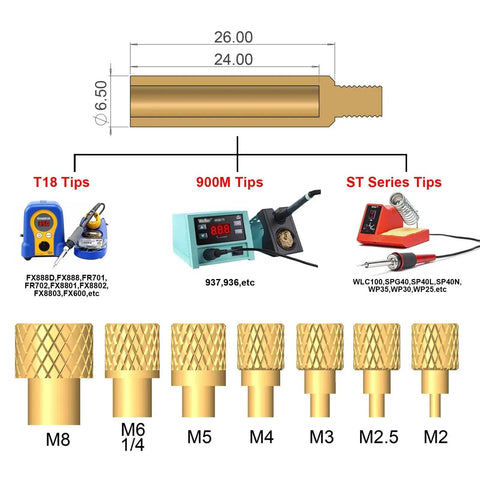 Diagram showing dimensions of brass inserts and various soldering iron tips for Heat Set Insert Kit With 60W Soldering Iron And 380 Brass Inserts 3D Printing.