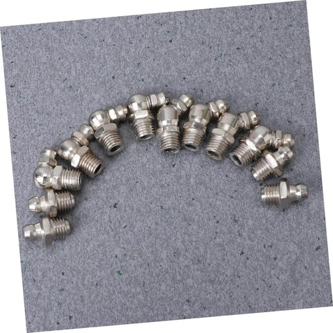 Grease Zerk Fittings Kit, 45-Piece Metric Assortment, straight and angled fittings on grey surface.