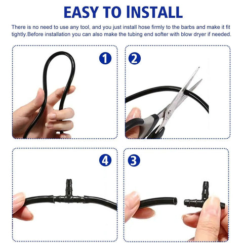 Step-by-step installation of Heavy Duty Nylon Vacuum Connector Kit for automotive hoses, showing cutting and assembly process.