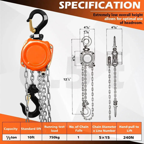 Half Ton Portable Hand Chain Hoist 1100 Lbs Lift Up To 10 Feet Durable Steel with specifications and diagrams