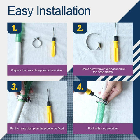 Hose clamp installation guide showing 9–10 inch 304 stainless steel worm gear clamps with screwdriver.