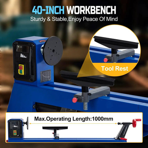 Beast Of A Benchtop Wood Lathe With 14 Inch Swing And 40 Inch Between Centers 400W Motor shown with tool rest.