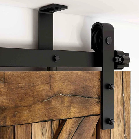 Close-up of ceiling mount sliding barn door hardware kit for 24 inch wide wood door with low ceiling design, 4 foot track system