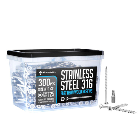 #10 x 3 Marine Grade Type 316 Stainless Steel Wood Screws - 300 Pack with T25 Bit - Torx Flat Head Type 17 Point Ideal for Decks, Fences, and Coastal Construction