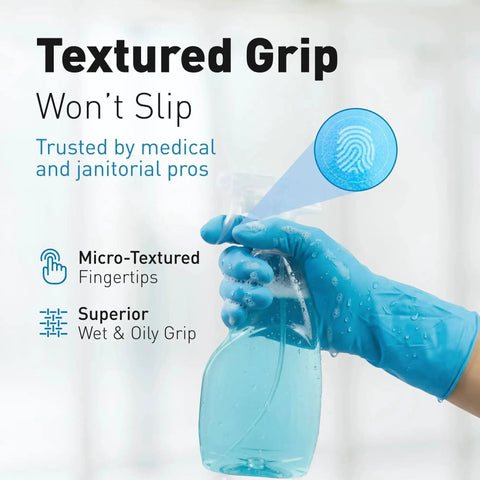 Person wearing Nitrile Chemical Resistant Dish Gloves With Textured Grip And Extended Cuff holding a spray bottle