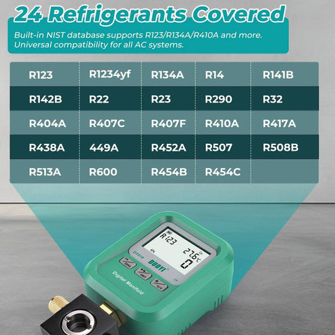 Close-up of 3 In 1 HVAC Digital Manifold Gauge For Refrigerant Charging Vacuum Testing And Leak Detection NIST Compatible High Precision Pressure Meter For AC Pros And DIYers All In One Tool For Fast And Accurate System Service showing refrigerants covered by NIST database.