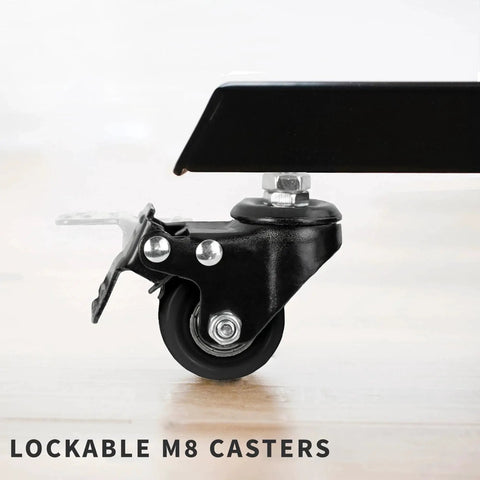 Side view of one and a half inch swivel caster wheel with brake installed on desk, M8 threaded mount.