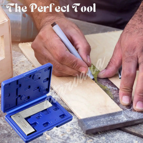 Machinist Square Set 2 3 4 6 Inch Pro Grade L Type Right Angle Ruler for woodworking and metalworking with blue case.