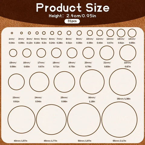 Diagram showing 31 round dies sizes for Leather Circle Cutter Tool Set 31 Piece Pro Grade Punch Kit with High Carbon Steel