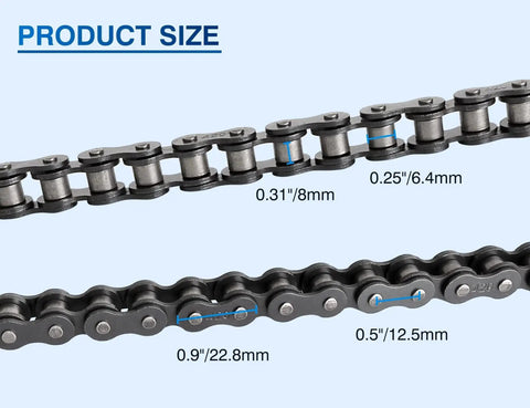 Heavy Duty 420 Motorcycle Chain Kit With 132 Links And Chain Breaker For 50cc 70cc 90cc 110cc And 125cc Dirt Bikes ATVs Go Karts Scooters Mini Bikes Includes 10 Free Master Links And Premium Alloy Steel Construction For Long Lasting Performance showing chain link dimensions on blue background