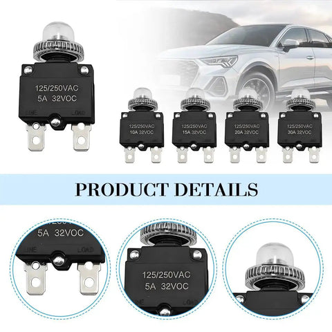 40 Piece Car Thermal Circuit Breaker Set With Manual Reset Push Button 5 10 15 20 30 Amp Terminal Caps displayed in front of a car.