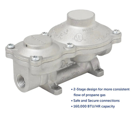 Dual Stage Propane Regulator For RVs Vans Trailers Campers 160000 BTU Vertical Mount Heavy Duty Aluminum Construction Two Stage Gas Regulator