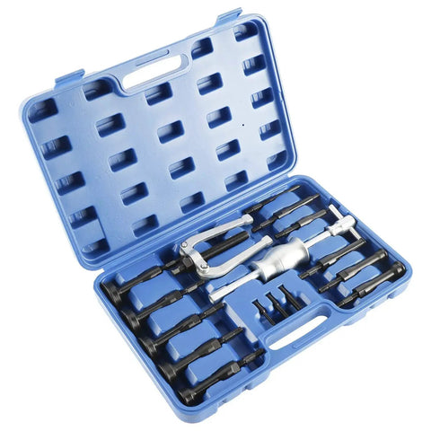 Blind Inner Bearing Race And Seal Puller Set With Slide Hammer Tool Kit in blue case, showing collets and adapters for jammed axles.