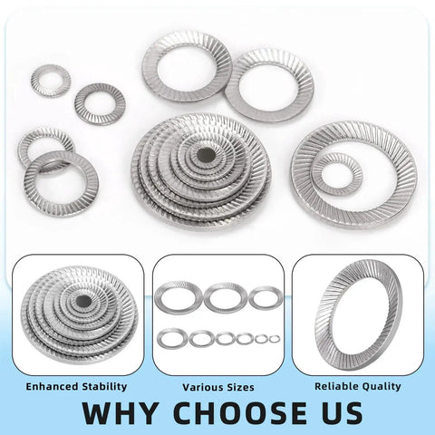 Top view of assorted 304 stainless steel double-sided wedge lock washers in sizes M3–M16, serrated edges.