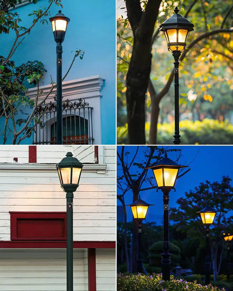 Photoelectric Switch For Outdoor Post Lights With Dusk To Dawn Sensor installed on multiple outdoor lamp posts.