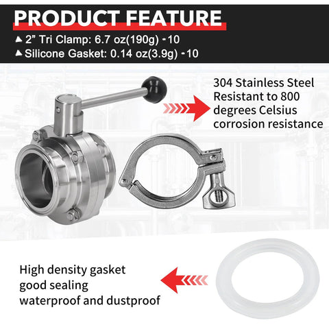 Two-inch heavy-duty tri-clamp sanitary fittings with silicone gaskets, 304 stainless steel, 10-pack