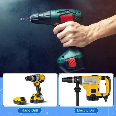 Person holding green and red electric drill in hand, with images of yellow hand drill and electric drill below.