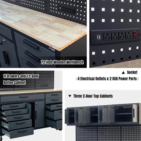 72 Inch Rolling Tool Chest On Wheels With 11 Drawers, 3 Top Cabinets, 2 Door Cabinet, Pegboard And Power Strip