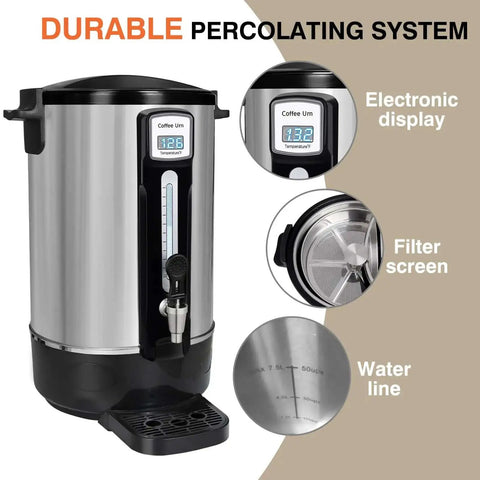Commercial Coffee Urn 50 Cup 12L Stainless Steel Heavy Duty Coffee Maker with electronic display and filter screen
