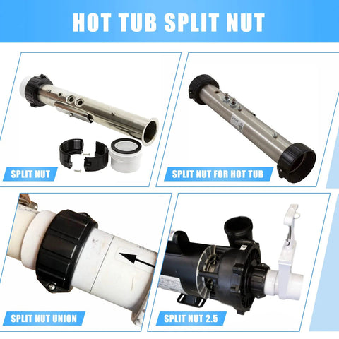 2-inch spa hot tub heater split nut unions with screws, gasket, and fittings collage.