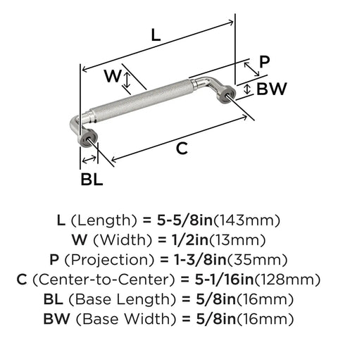 Diagram of Collet 5-1/16 Inch Center-To-Center Polished Nickel Cabinet Pull showing detailed measurements and dimensions.