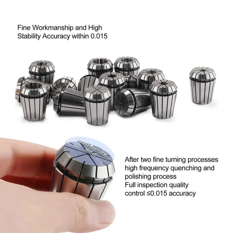 15 Piece ER11 Collet Set For CNC Milling Engraving And Lathe Tools, close-up of pro grade spring steel collet with precision engraving