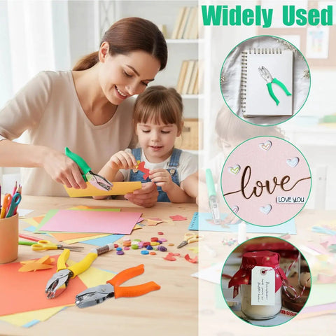 A woman and child using Grab And Go Six Piece Craft Hole Punchers Set With Handheld Metal Punches for DIY scrapbooking.