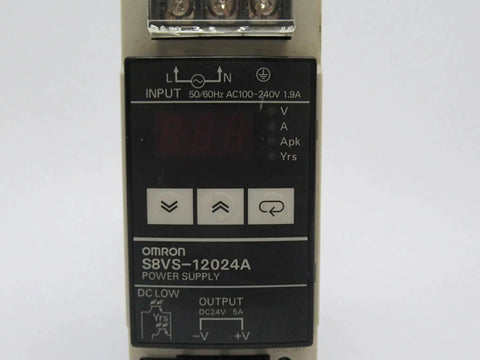 Front view of DIN Rail Power Supply 24V 5A 120W Enclosed Switch Mode With Under Voltage Alarm, inputs labeled, control buttons.