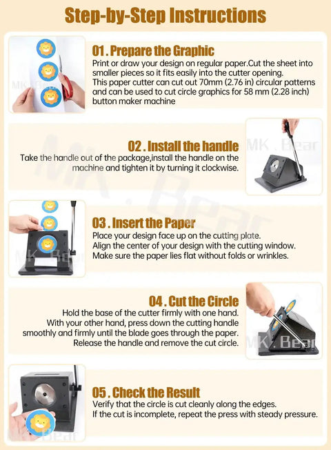Step-by-step instructions for using 58mm Button Paper Cutter Punch Die Tool For Button Maker Machines with images for each step.