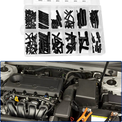 All In One Vacuum Hose Connector Kit for Automotive Tools, 128 Piece Nylon Tee And Barbed Quick Connect Fittings in 12 Sizes