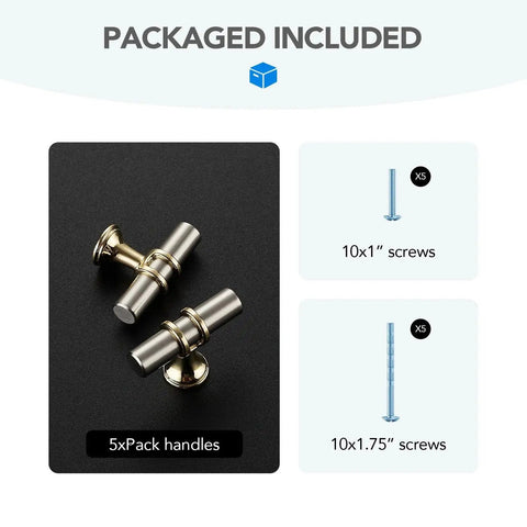 Brushed Nickel And Brushed Brass Cabinet Knobs And Handles, Single Hole Modern T Bar Drawer Pulls, 5 Pack, with screws included