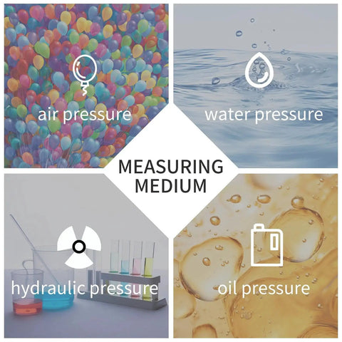 Chart showing air, water, hydraulic, and oil pressure measuring mediums with illustrative icons and text.