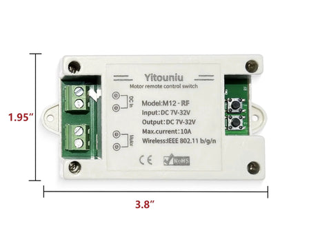 Smart DC Motor Controller 7 To 32V 10A With Forward And Reverse, WiFi Bluetooth Remote, RF Compatible, showing dimensions.