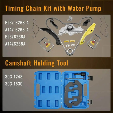 Timing Chain Kit With Water Pump And Camshaft Holding Tool For 2011 Through 2019 Explorer Edge Taurus Flex 3.5L And 3.7L V6 Engines With Timing Alignment Holder Easy Install Built To Last shown with components and tools in case.