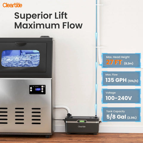 Cleartide condensate pump, compact black unit with HVAC tubing; 5/8 gal tank, 135 GPH, 100–240V, 27 ft head