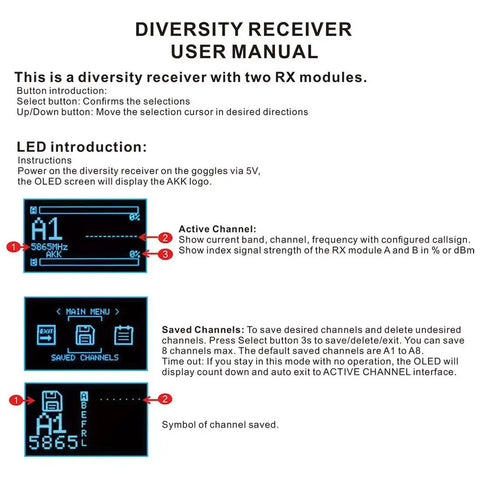 Diversity RX 5.8G 80CH FPV Receiver Module user manual showing OLED display features and channel setup instructions.