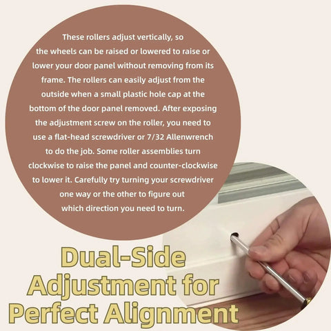Instructional guide showing dual-side adjustment for perfect alignment of 2 Pack Gliding Patio Door Tandem Roller Assembly.