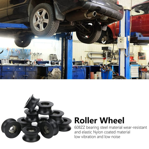 Roller wheel pulleys set, 10 pcs, nylon-coated U-shaped wheels with 608ZZ bearings, black