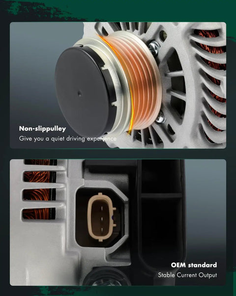 Close-up of High Output 110 Amp 12V Alternator for Mazda with 6 groove pulley and internal regulator.