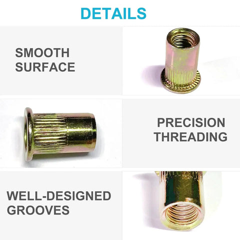 Rivet Nut Kit 830 Pieces SAE and Metric Flat Head Assortment showing smooth surface, precision threading, and grooves.