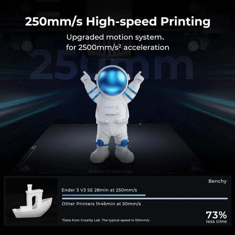 Ender 3 V3 SE 3D Printer with Sprite Direct Extruder showcasing high-speed printing at 250mm/s featuring a small astronaut model.