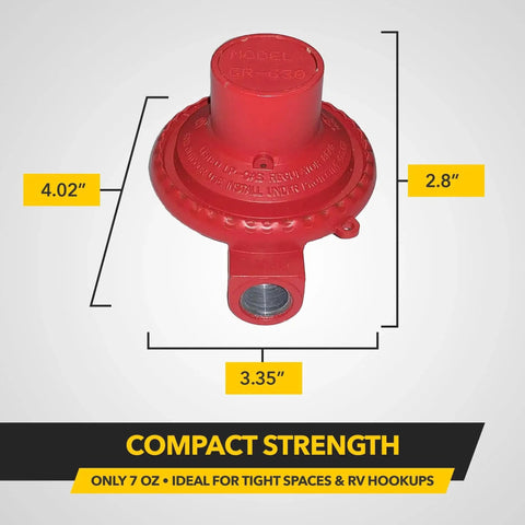 Heavy Duty RV Propane Regulator With 30 PSI High Pressure Output For Campers RVs And Travel Trailers, red, compact with size dimensions