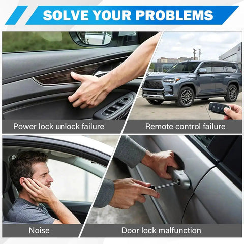 Car door lock problems illustration including power unlock failure, remote control issues, noise, and lock malfunction.