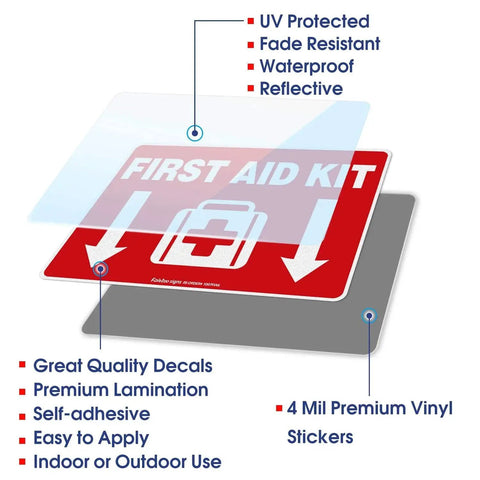 First Aid Kit Sticker Decal 10x7 Inches For Home School And Business 2 Pack Self Adhesive Vinyl Reflective UV Protected Waterproof