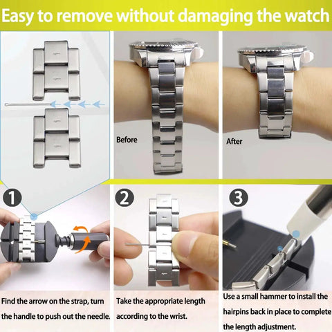 Watch Link Removal Kit With Hammer And Spring Bar Tool For Quick Band Sizing And Strap Adjustment in use on metal watch band.