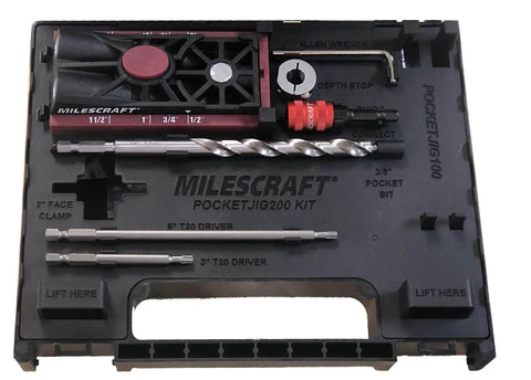 Kit contents of Twin Pocket Hole Jig Kit System 200 for quick woodworking fixes and projects with built-in imperial and metric scales.
