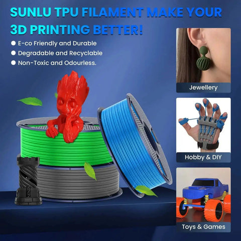 High Speed Flexible TPU Filament 1.75mm 1kg for fast 3D prints, spools of green, blue, and grey with printed objects, eco-friendly