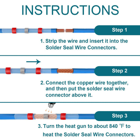 QIATOL 120PCS solder seal wire connectors instruction diagram showing Step 1–3: strip, insert, solder with heat gun.